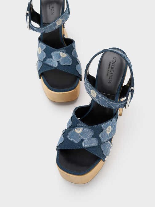 Sandales croisées en denim à fleurs Tabitha, Bleu, hi-res