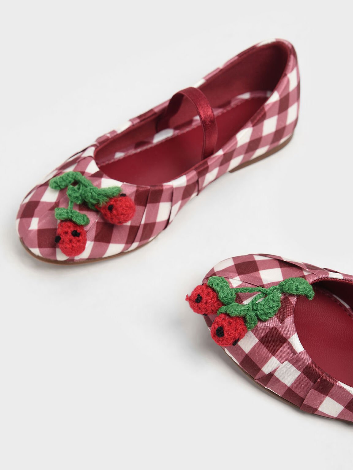 Girls&apos; Cherry Embellished Check Print Mary Janes, Red, hi-res