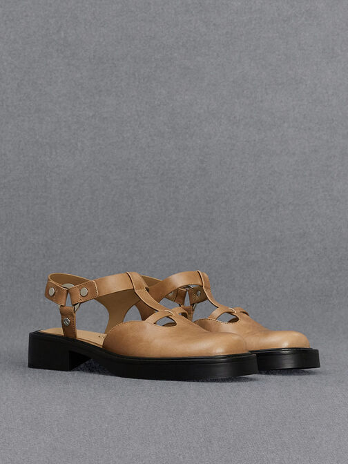 Leather Cut-Out T-Bar Mary Jane Flats, Taupe, hi-res