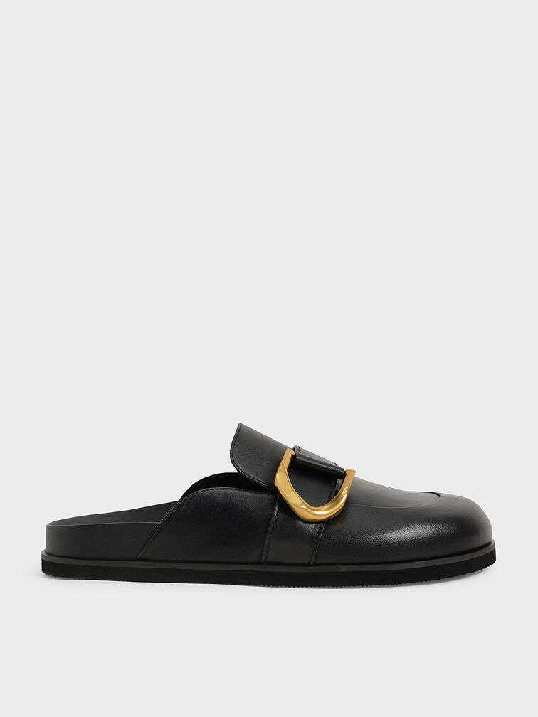 Black Gabine Buckled Leather Loafer Mules - CHARLES & KEITH IT