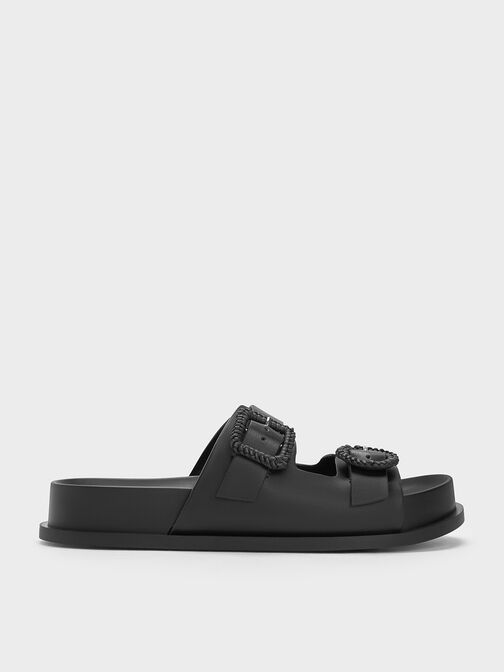 Woven-Buckle Double-Strap Sandals, Black, hi-res