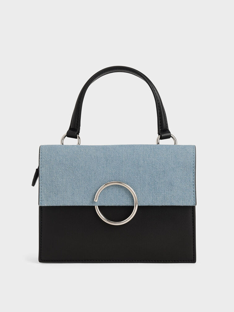 Textured Ring Detail Top Handle Bag, Denim Blue, hi-res