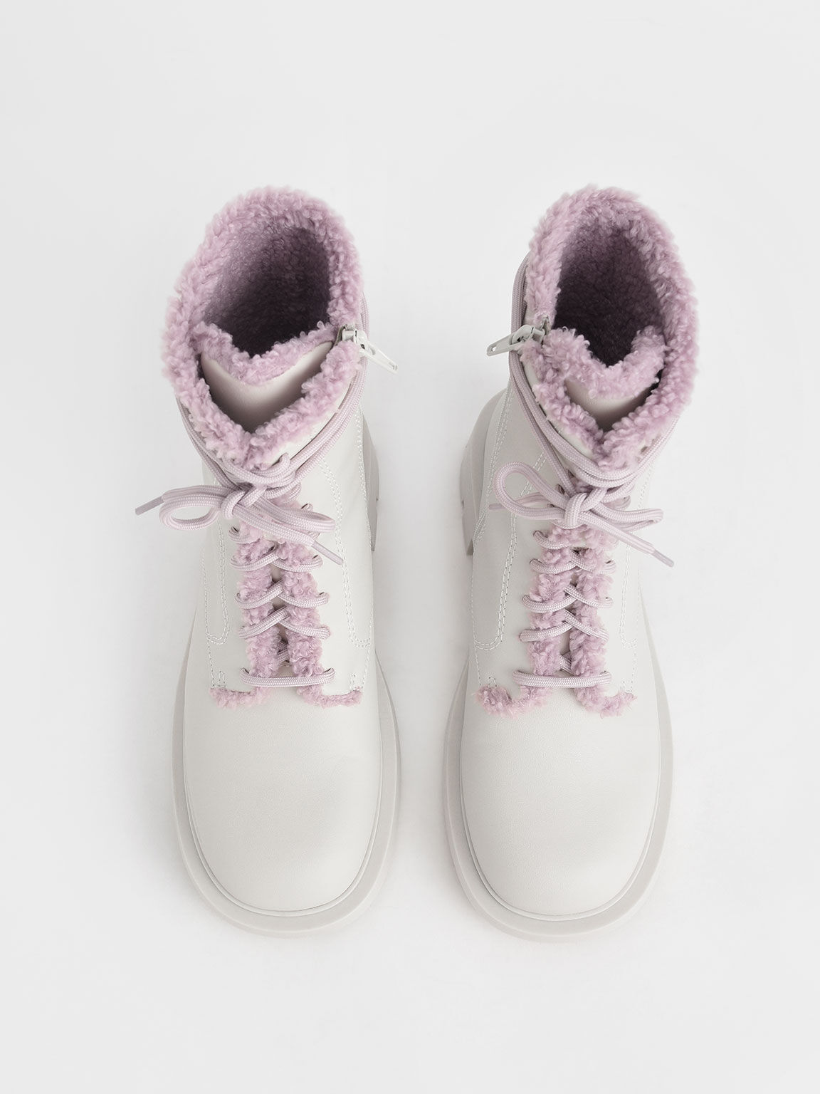 Fur-Trim Lace-Up Ankle Boots, Chalk, hi-res