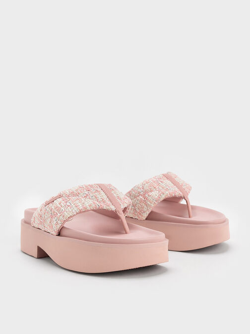 Tweed V-Strap Platform Thong Sandals, Light Pink, hi-res