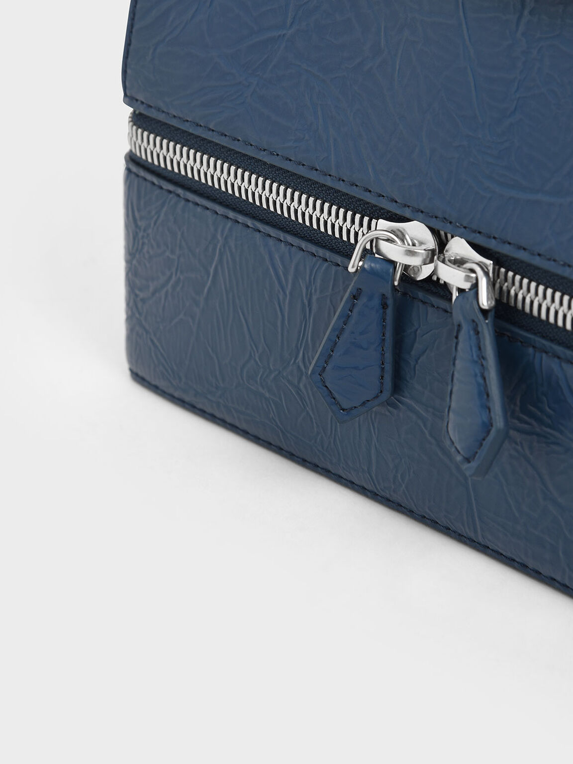 Wrinkled Effect Two-Way Zip Top Handle Bag, Blue, hi-res