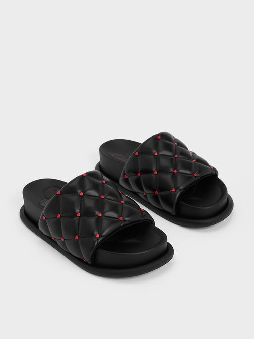 Dahlia Padded Quilted Heart-Print Sandals, Black, hi-res