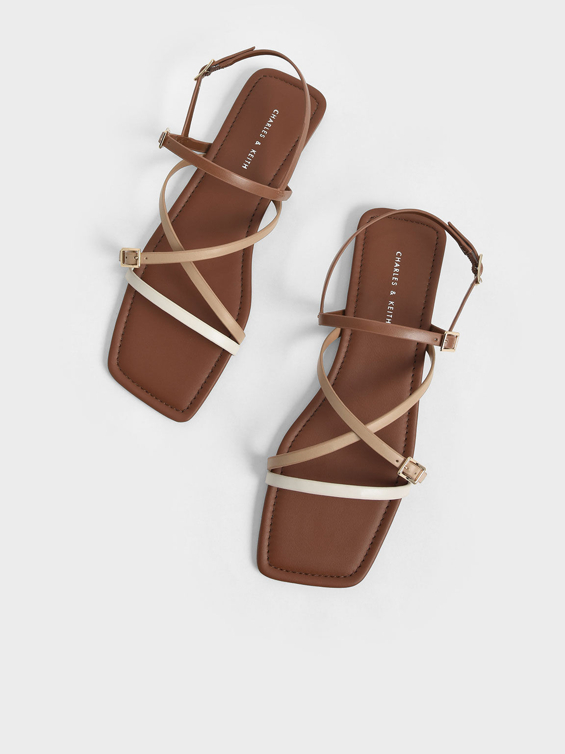 Strappy Mini Buckle Flat Sandals, Camel, hi-res