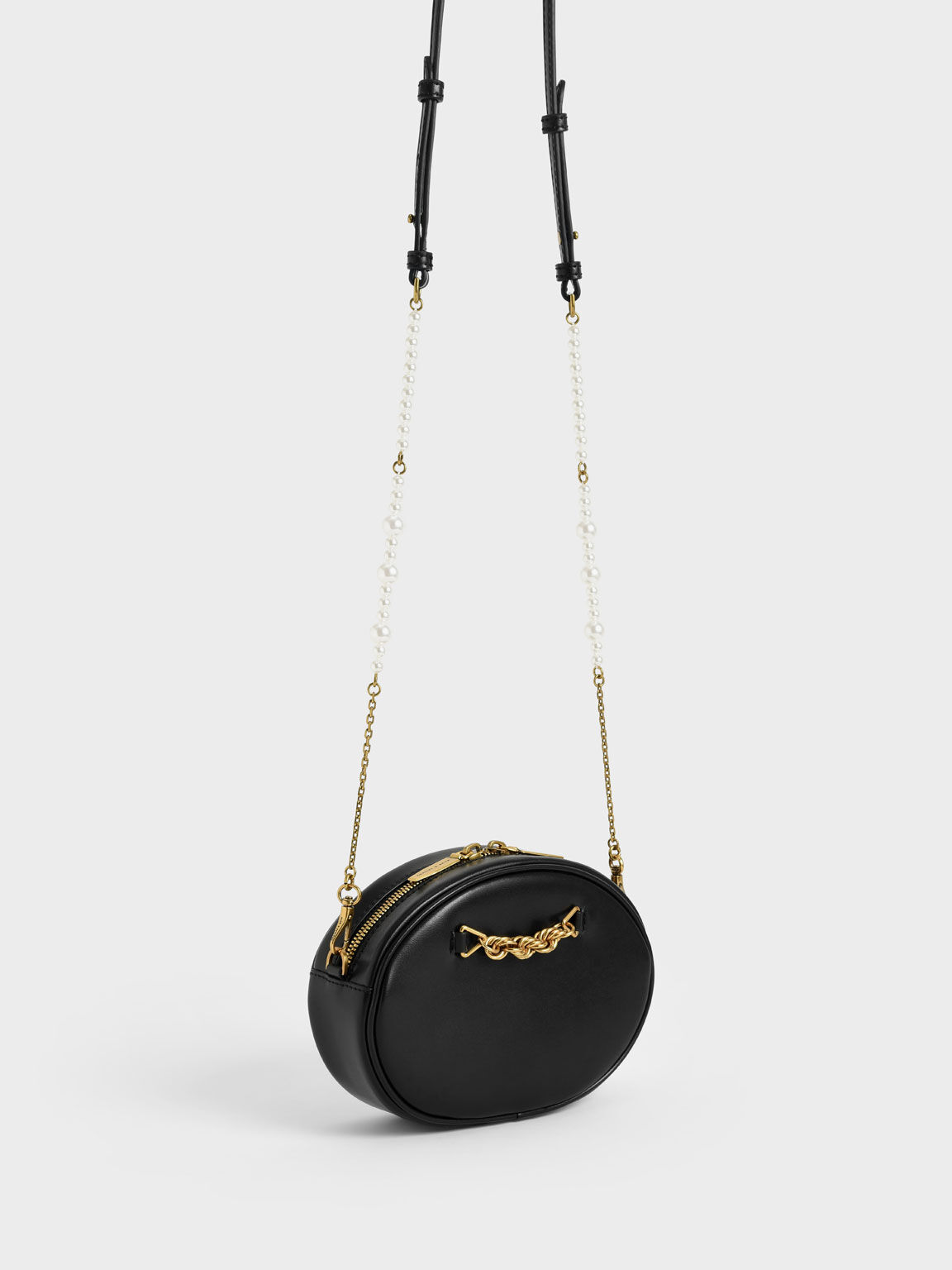Heirloom 
Chain-Embellished Oval Crossbody Bag, Black, hi-res