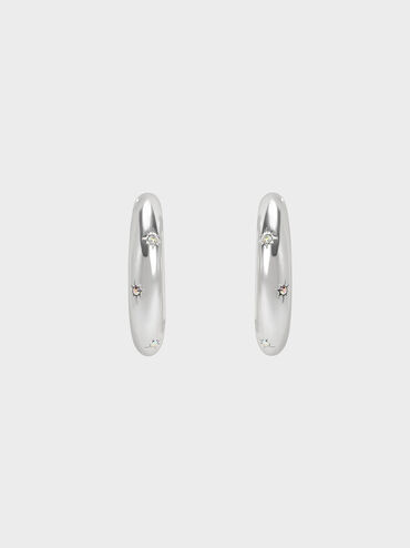 Star Motif Crystal-Embellished Hoop Earrings, Silver, hi-res
