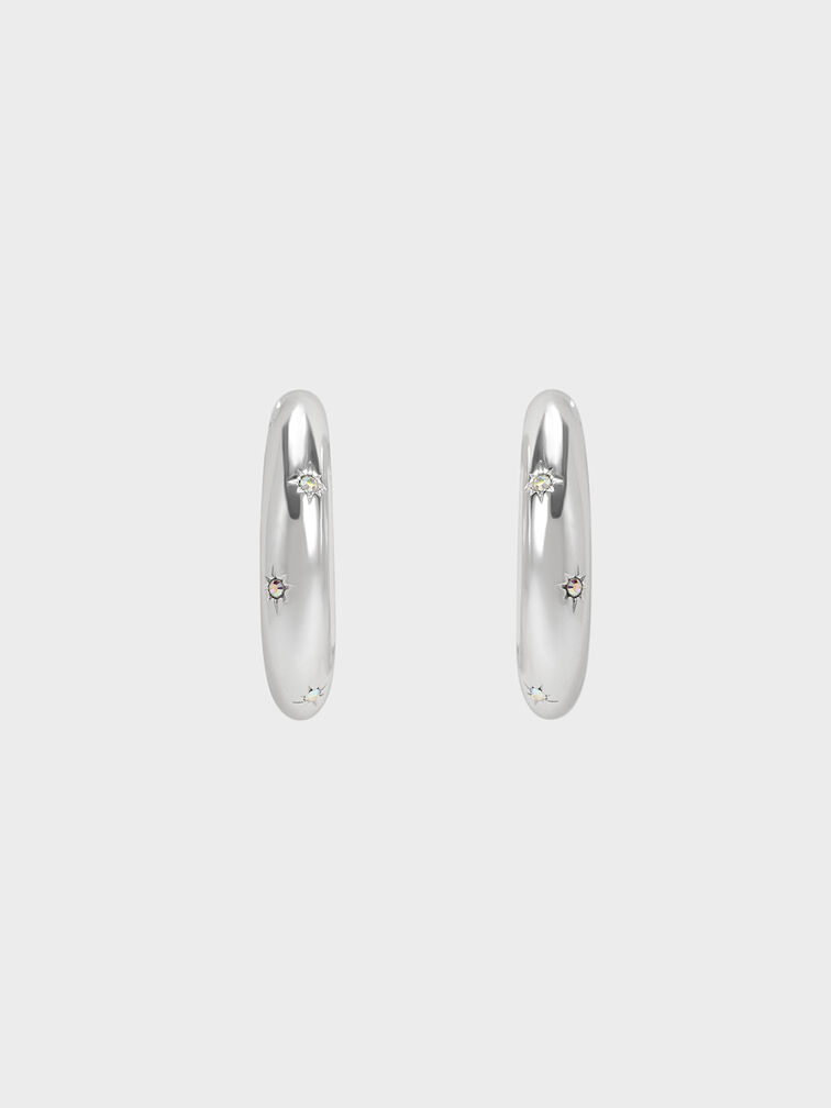 Star Motif Crystal-Embellished Hoop Earrings, Silver, hi-res