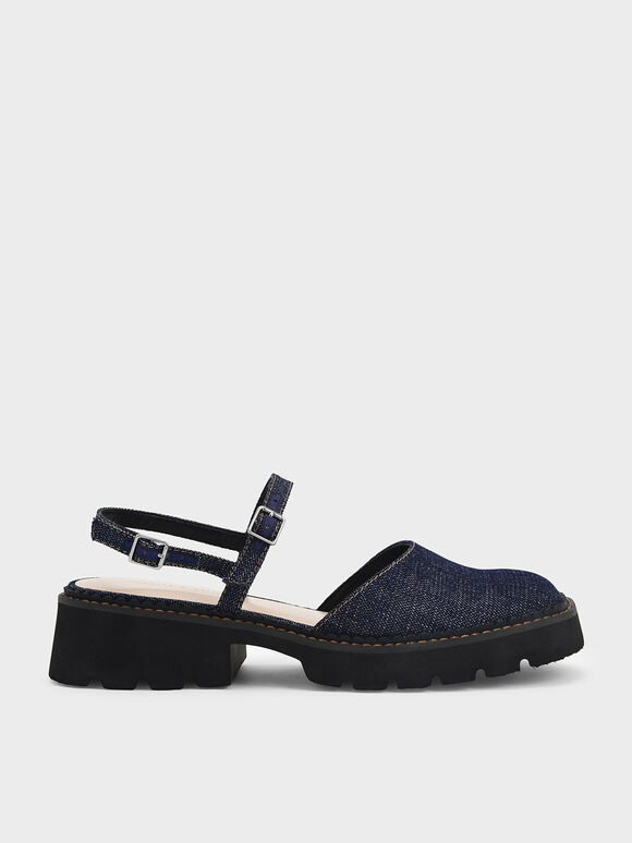 Cleated Sole Ankle-Strap Denim Shoes, Dark Blue, hi-res