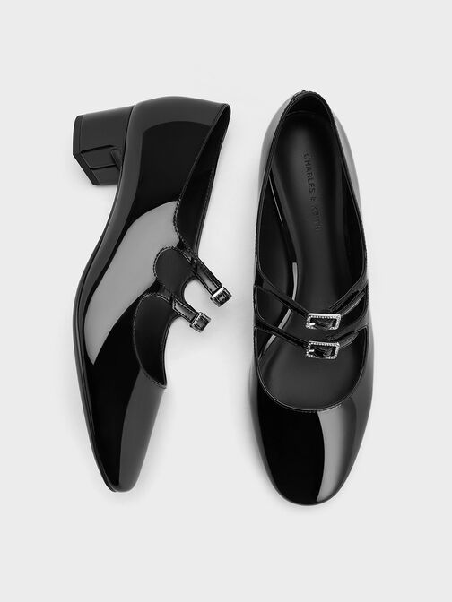 Double Crystal-Buckle Mary Jane Pumps, Black Box, hi-res