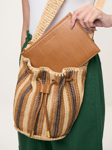Clarissa Raffia Drawstring Shoulder Bag, Brown, hi-res