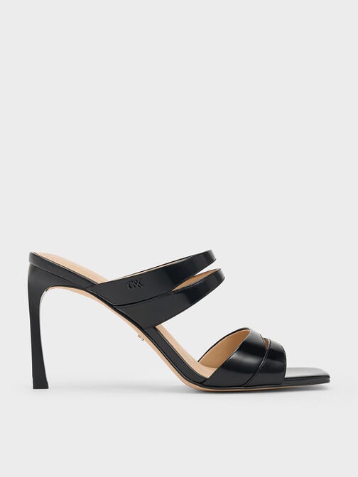Leather Double-Strap Heeled Mules, Black Box, hi-res