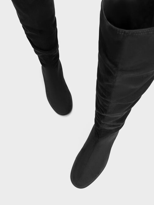 Bottes hauteur de genou texturées froncées, Noir Texturé, hi-res