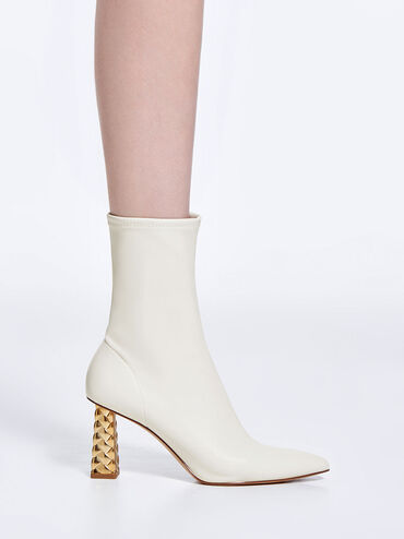 Pointed-Toe Quilted Heel Ankle Boots, Chalk, hi-res