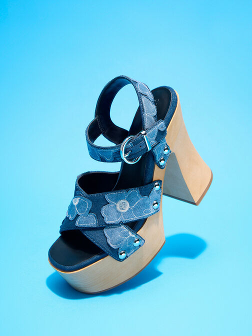 Sandales croisées en denim à fleurs Tabitha, Bleu, hi-res