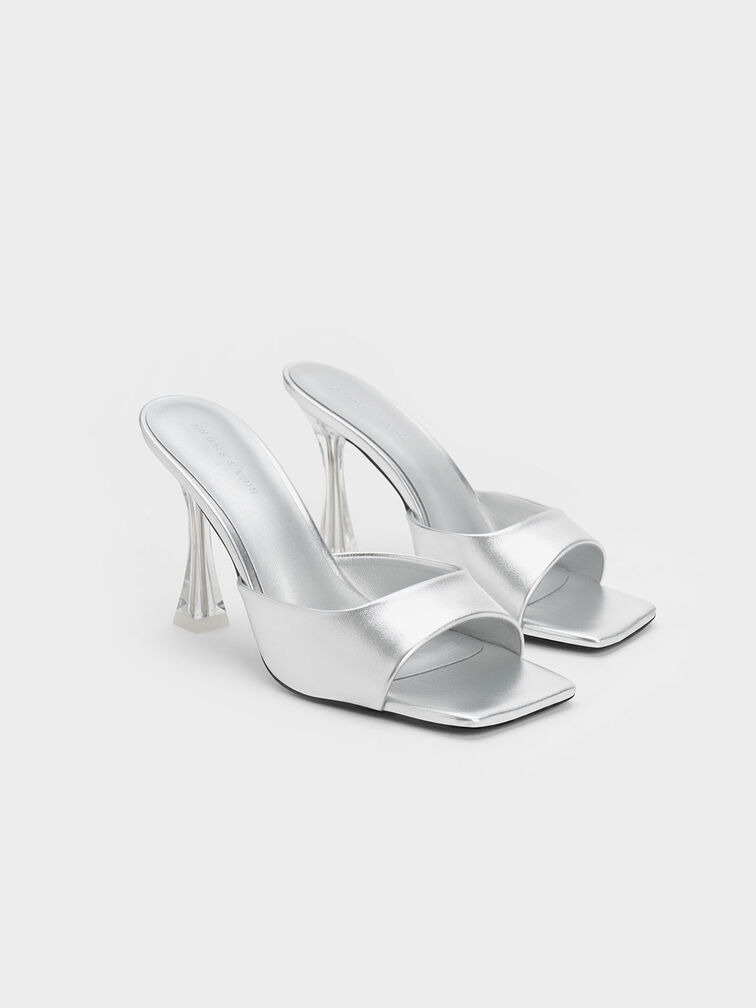 Silver Clear Flared Heel Metallic Mules - CHARLES & KEITH PL