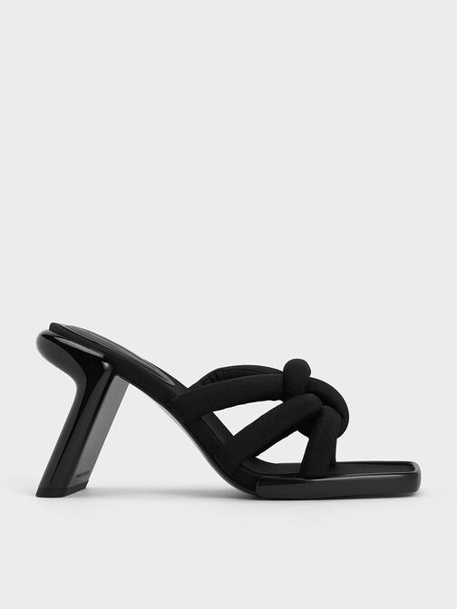 Toni Knotted Puffy-Strap Mules, Black Textured, hi-res