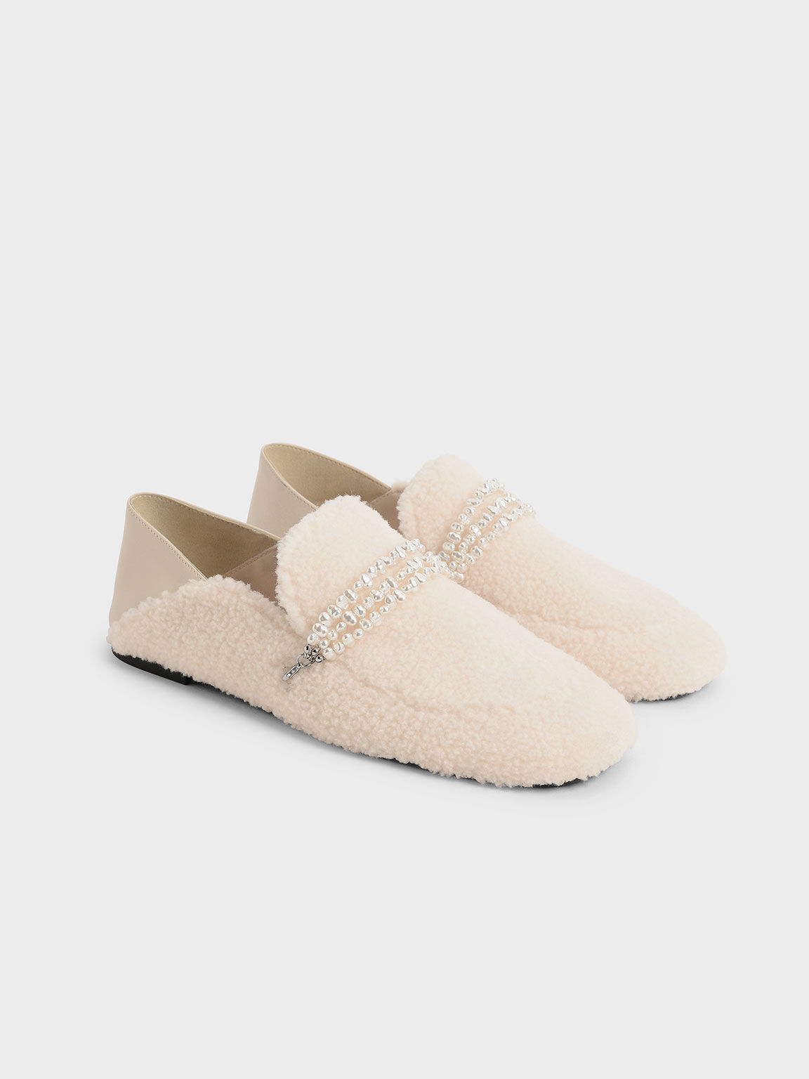 Beaded Furry Step-Back Loafers, Chalk, hi-res