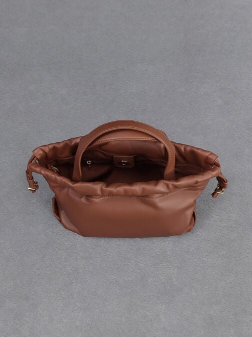 Leather Ruched Drawstring Bag, Cognac, hi-res
