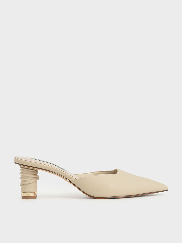 Ruched Cylindrical Heel Mules, Taupe, hi-res