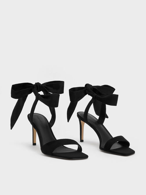 Textured Tie-Around Heeled Sandals, Black Textured, hi-res