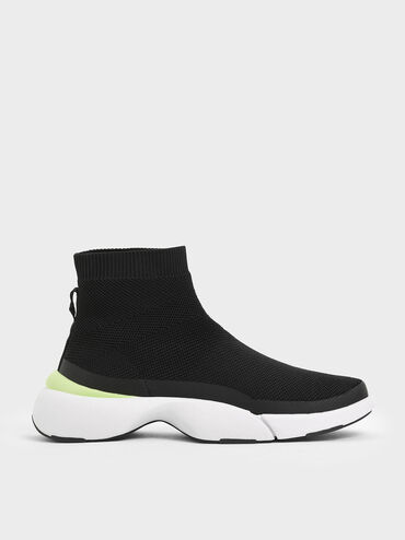 4WARD Collection: Knitted High Top Slip-On Sneakers, Black, hi-res