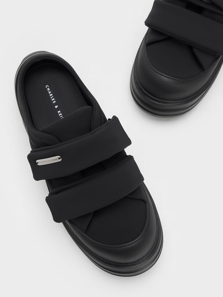 Zapatillas slip-on acolchadas de nylon con doble correa, Negro texturizado, hi-res