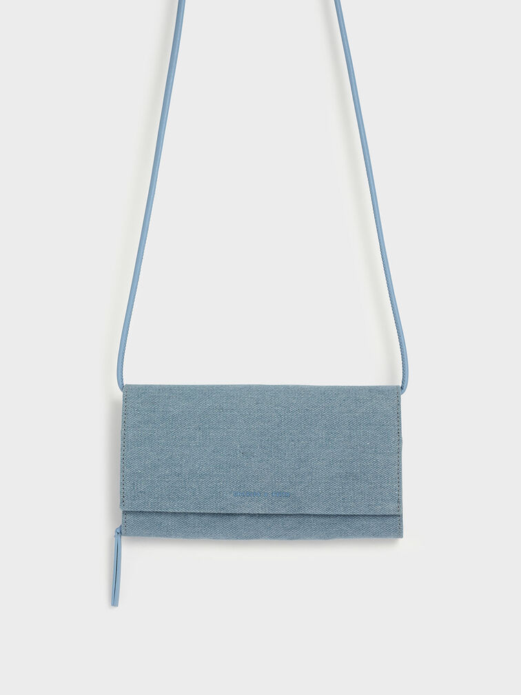 Textured Front Flap Long Wallet, Azul mezclilla, hi-res