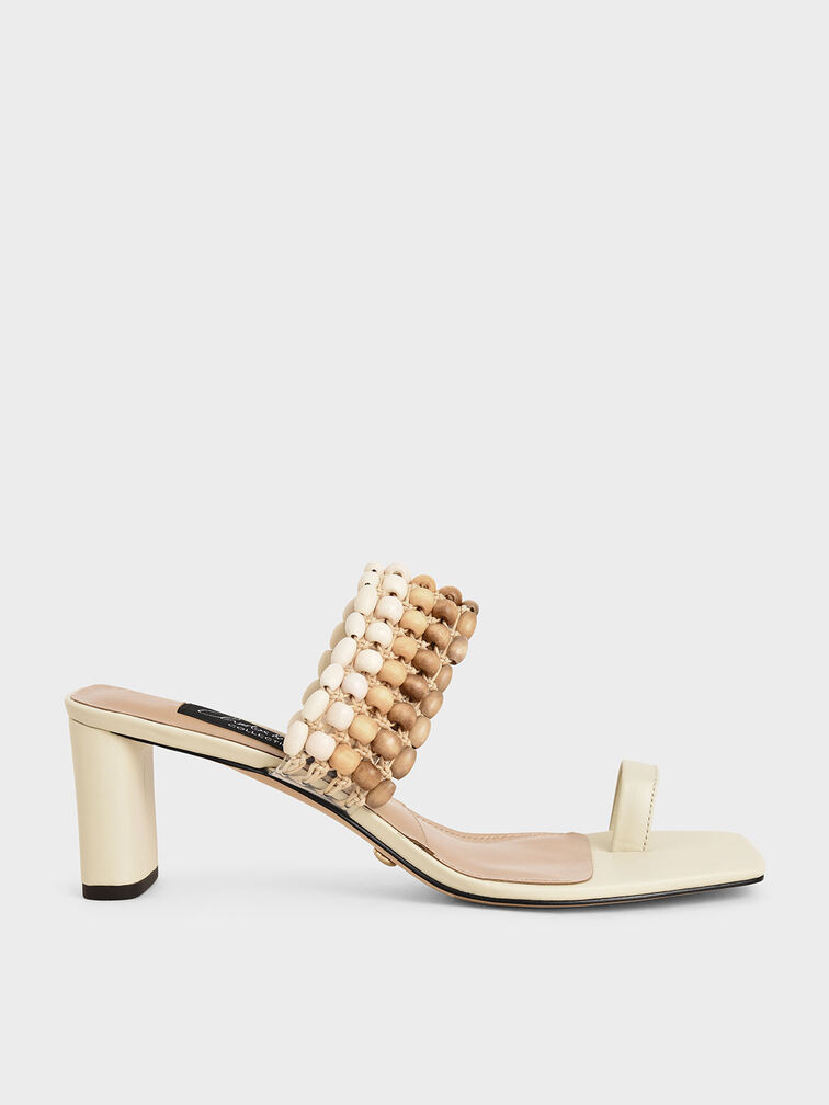 Leather Beaded Heeled Sandals, Chalk, hi-res