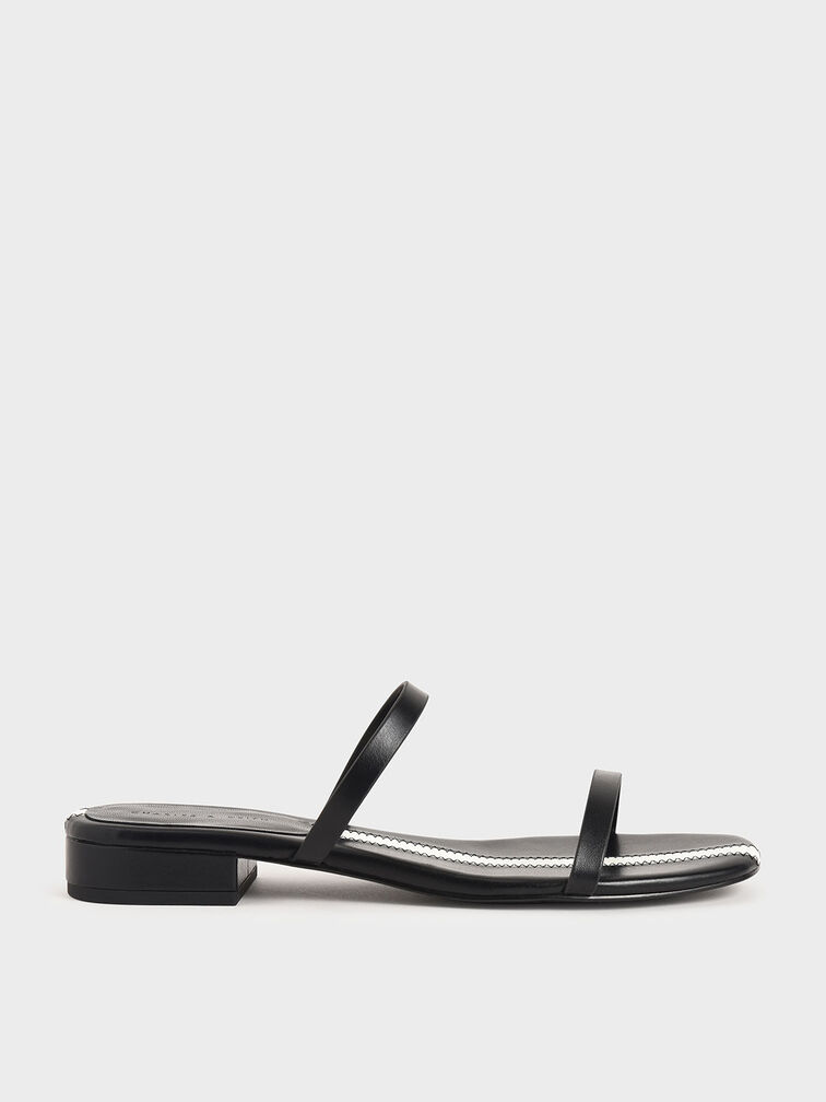 Striped Double Strap Slide Sandals, Black, hi-res