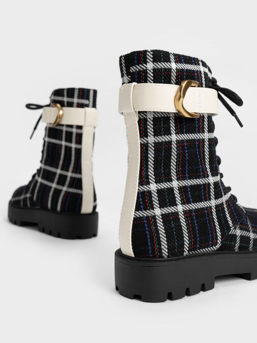 Gabine Check-Print Lace-Up Ankle Boots, Black Textured, hi-res