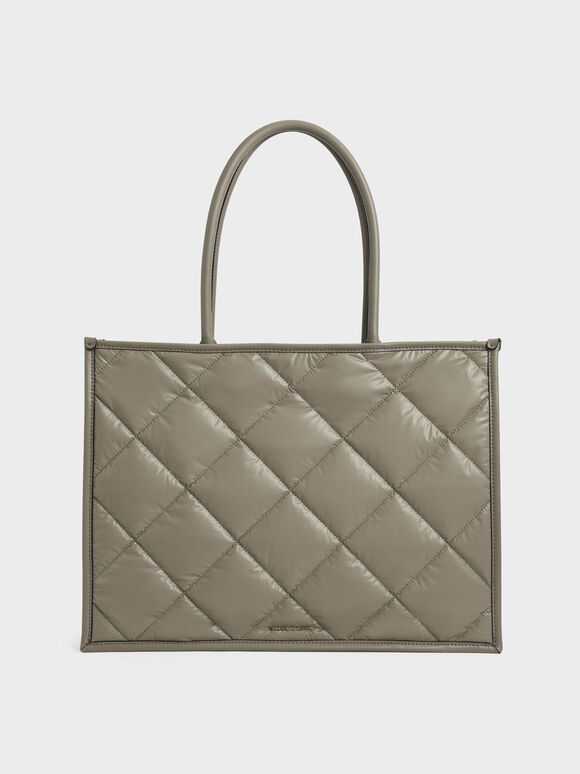 Double Handle Quilted Tote Bag, Taupe, hi-res