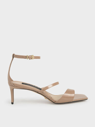 Patent Leather Strappy Heeled Sandals, Nude, hi-res