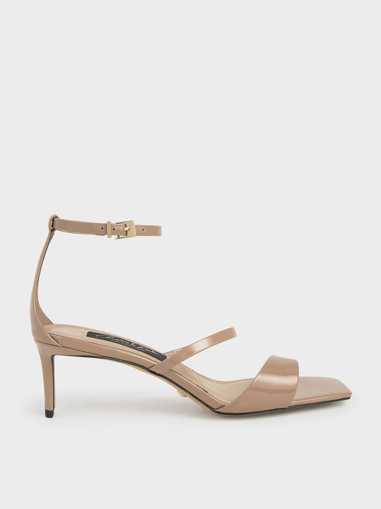 Patent Leather Strappy Heeled Sandals, Nude, hi-res