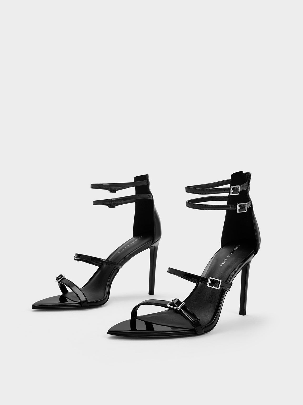 Black Patent Strappy Heeled Sandals - CHARLES & KEITH PT