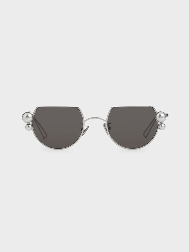 Swarovski®  Crystal Pearl Embellished Cut-Off Round Sunglasses, Silver, hi-res