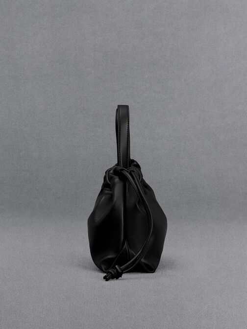 Leather Ruched Drawstring Bag, Black, hi-res