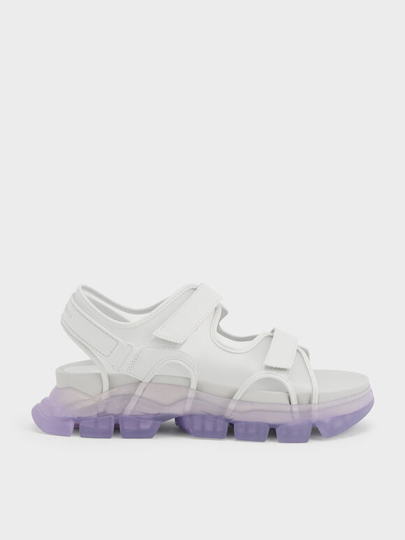 Coloured Translucent-Sole Chunky Sport Sandals, Purple, hi-res