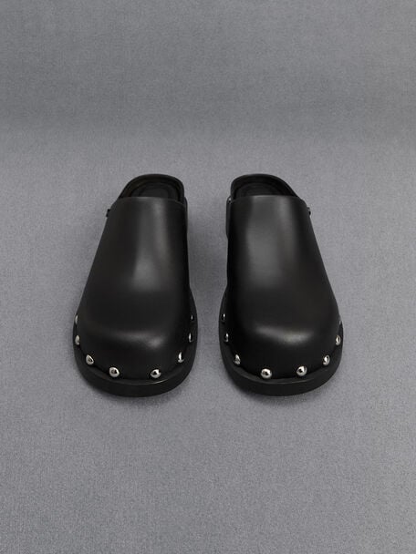 Leather Studded Clogs, Black, hi-res