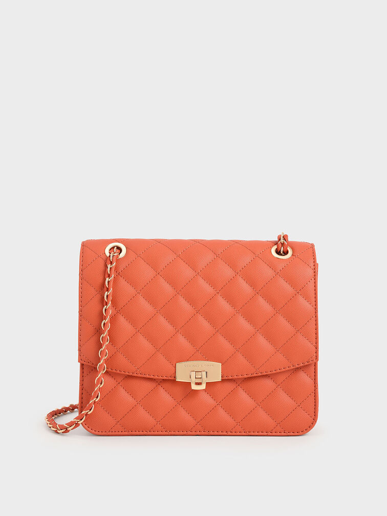 Quilted Chain Strap Clutch, Naranja, hi-res