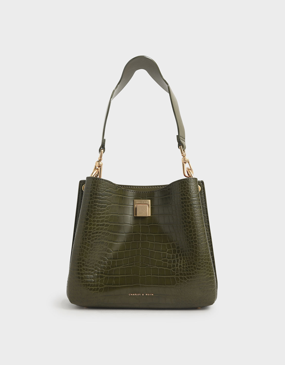Olive Croc-Effect Bucket Shoulder Bag 