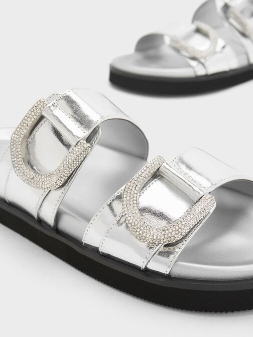 Sandalias de cuero metalizado con hebilla Gabine y detalles de cristal, Plateado, hi-res