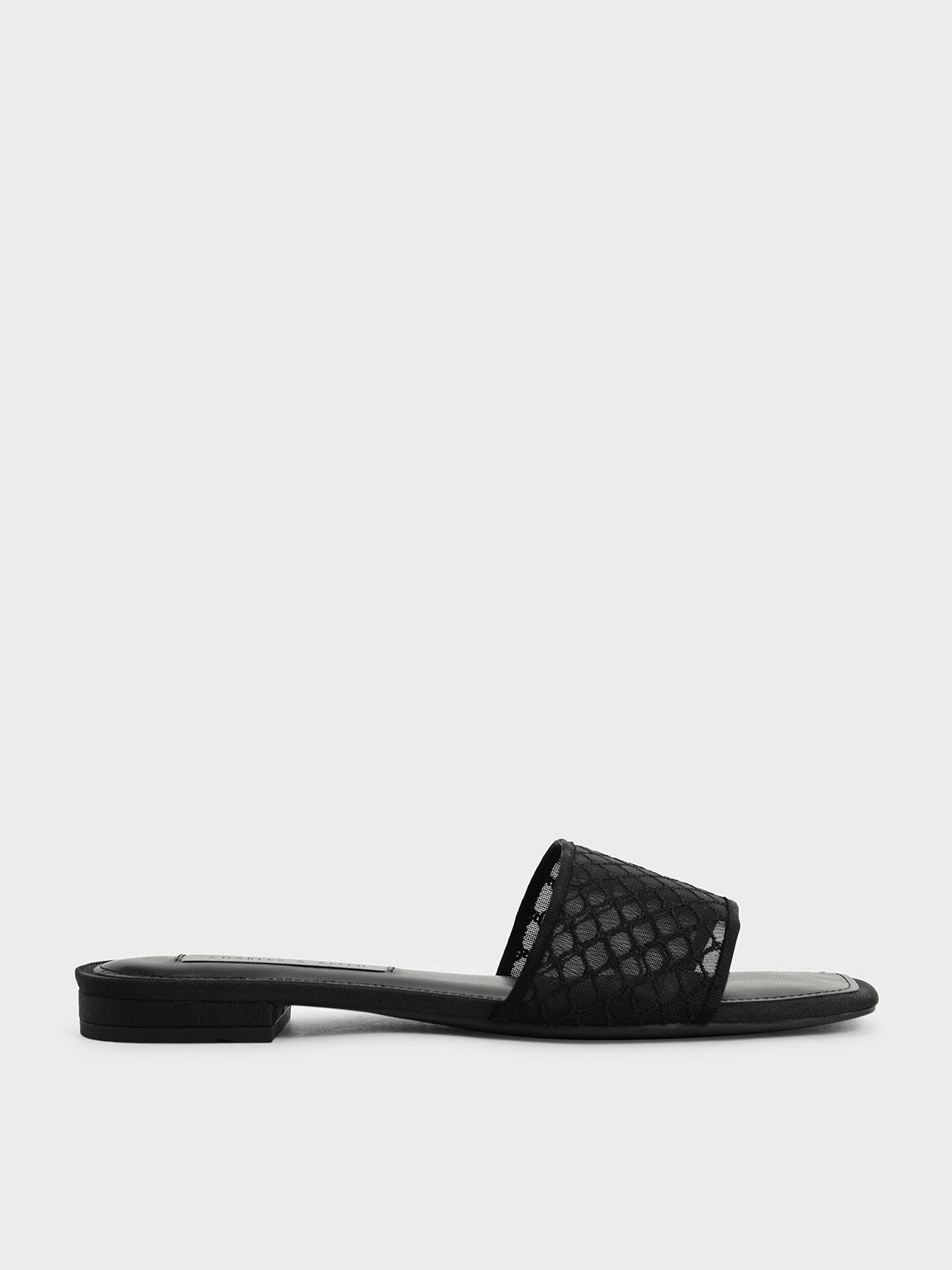Mesh & Grosgrain Slide Sandals, Black, hi-res