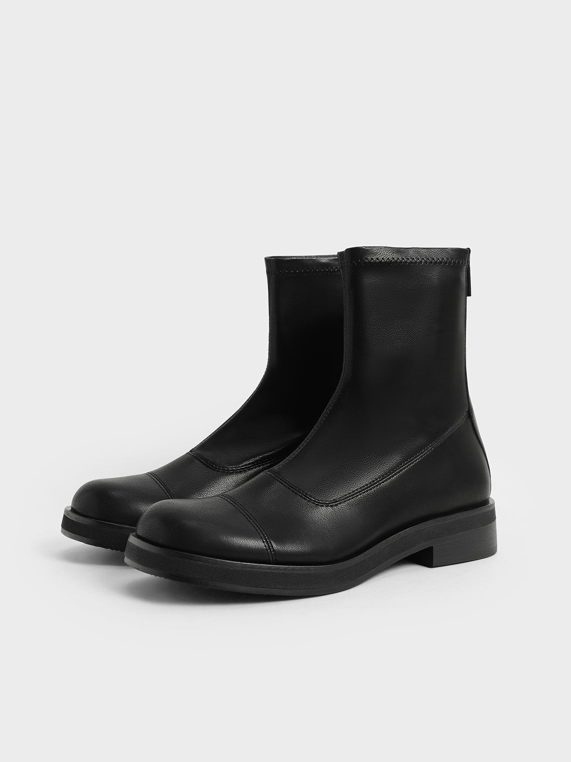 Round Toe Zip-Up Ankle Boots, Black, hi-res