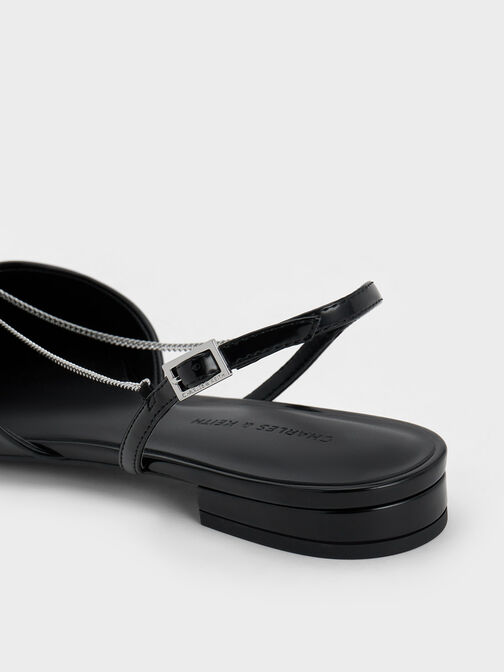 Zapatos planos destalonados con cadena y detalle floral, Negro pulido, hi-res