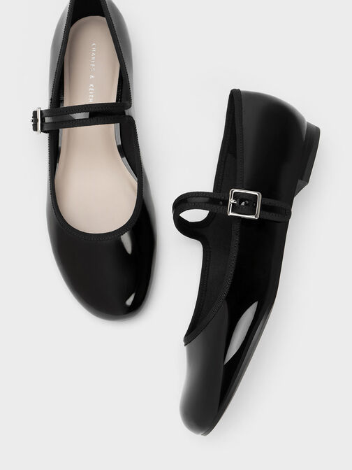 Patent Buckled Mary Jane Flats, Black, hi-res