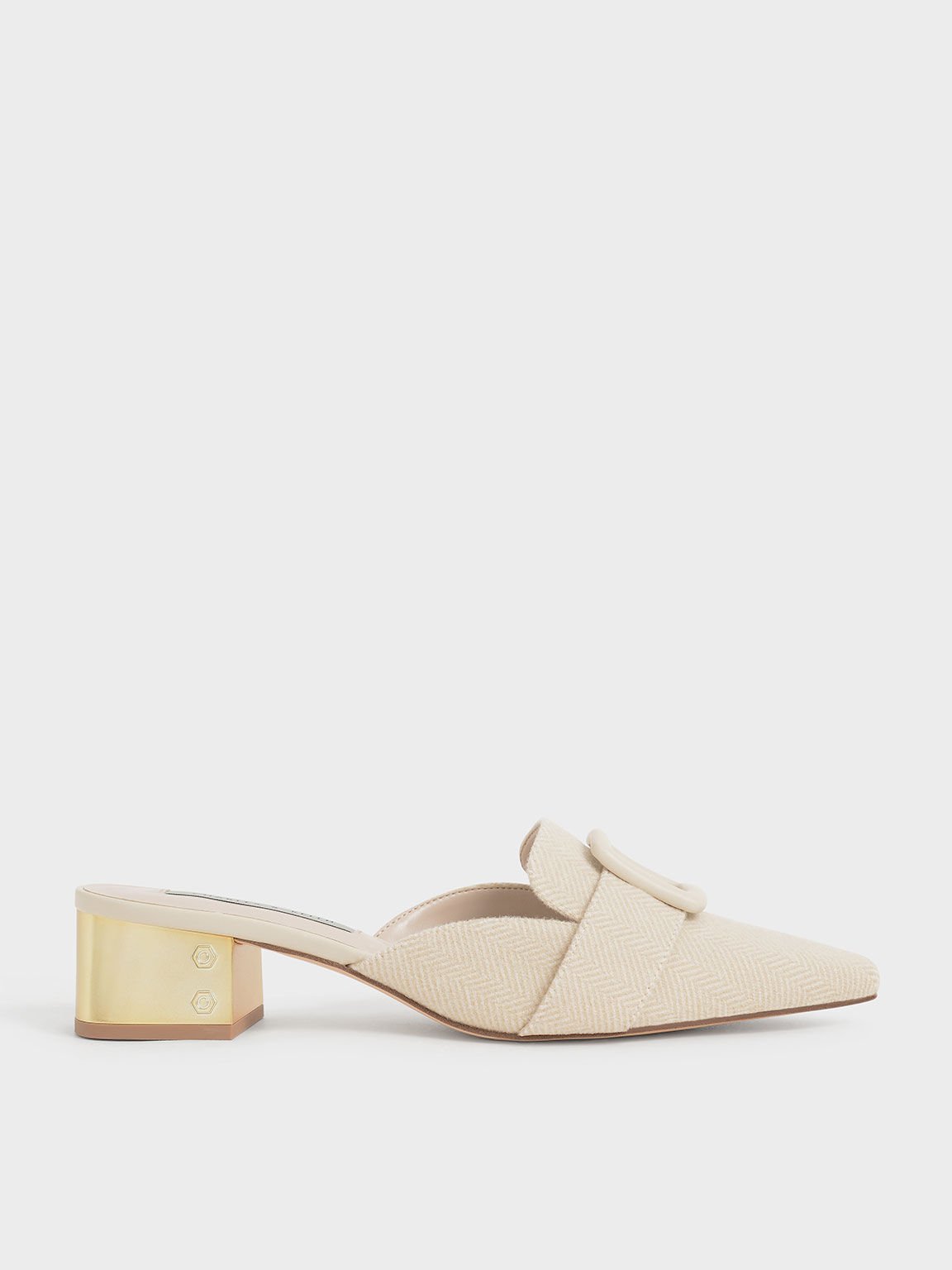 Woven Buckled Mules, Beige, hi-res