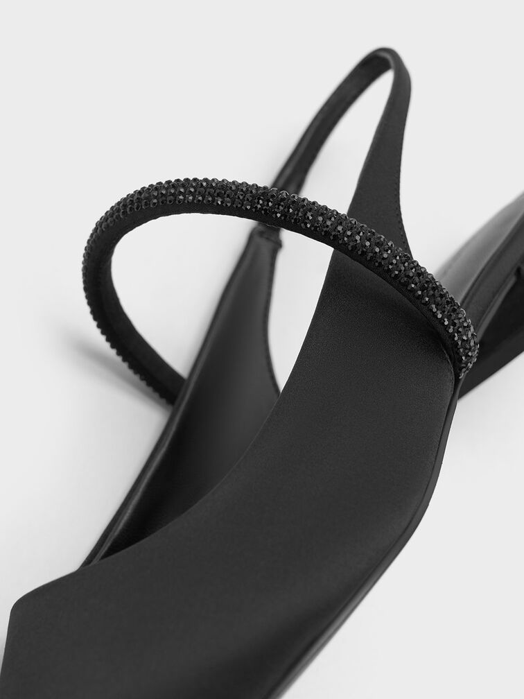 Chaussures en satin et strass à bout pointu et bride arrière, Noir Texturé, hi-res
